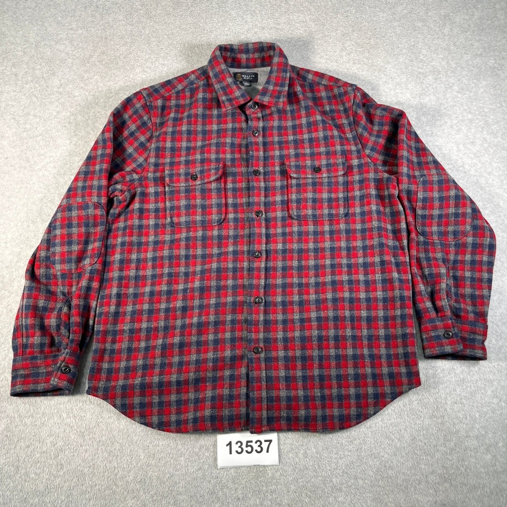 Wallin & Bros Flannel Shirt Mens Large Red Blue Plaid Wool Blend Excellent Elbow